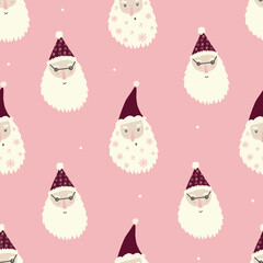 Christmas, holiday pattern with Santa Clause, christmas tree, winter houses, mugs, ornaments hand-drawn vector illustration, christmas background in red, green, pink, yellow

