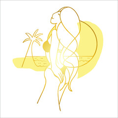 Golden line abstract hand drawn girl, woman captivates the guy, pulls the hand, leads to the ocean, palm tree, sea.