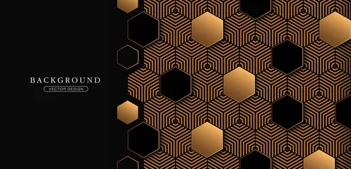 Fotobehang Abstract black and gold hexagon pattern background. Modern simple overlay geometric texture creative design. Luxury and elegant style graphic. Suit for poster, cover, banner, flyer, brochure, website © MooJook