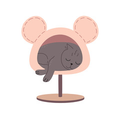 A gray sleepy kitten sleeps in a funny pet house. A tired charming cat lies in a pink house with ears like a mouse. Cute funny animal drawn in flat style. Color vector illustration isolated on white