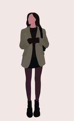 Pretty girl with dark hair in a mine skirt. Vector flat image of a pretty lady in a jacket, sweater and boots with a bag. Design for postcards, avatars, posters, backgrounds, templates.