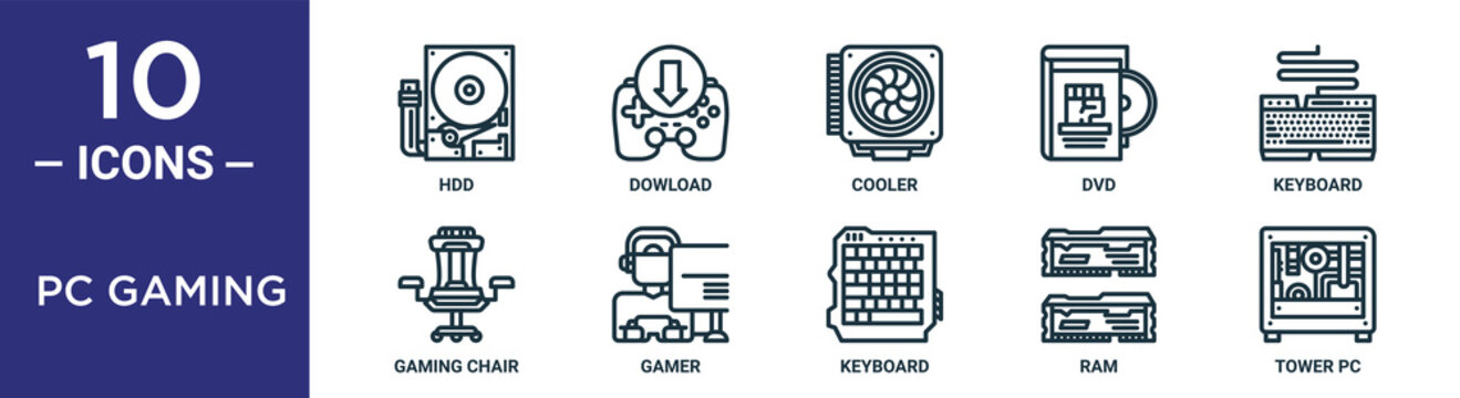 pc gaming outline icon set includes thin line hdd, cooler, keyboard, gamer, ram, tower pc, gaming chair icons for report, presentation, diagram, web design