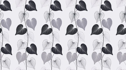 Heart shaped leaf vine pattern vector on white background. Cute style leaf lines drawing. Vintage style liana patterns. Hand drawn botanical texture creative design. wallpaper, fabric, textiles © MooJook