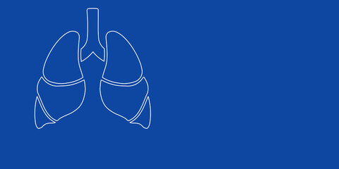 A large white outline lungs symbol on the left. Designed as thin white lines. Vector illustration on blue background
