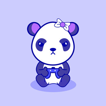 draw cute panda gaming cartoon, vector cartoon illustration