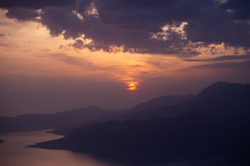Aerial view over Kotor Bay in Montenegro at sunset
