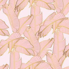 Abstract art Pink Golden leaves background. Wallpaper design with line art texture from bananas leaves, Jungle leaves, exotic botanical floral pattern. Design for prints, banner, wall art.