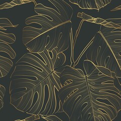 Golden floral seamless pattern with Tropical Monstera plant. Tropical leaves in retro style. Hand drawn black leaves pattern. Line art.  - 487853504