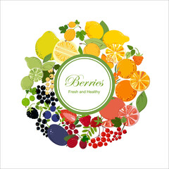 Circle of colorful berries and fruits. Colorful fruits and berries sticker. Flat style. Vector Illustration.