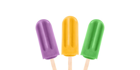 Set of popsicles, three flavors, grape, passion fruit, lemon.