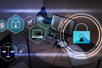 Person using a laptop computer with technology cybersecurity and privacy concept. protection and safe data for global network security