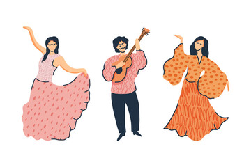 Two gypsies dancing in beautiful dresses. Gypsy plays guitar