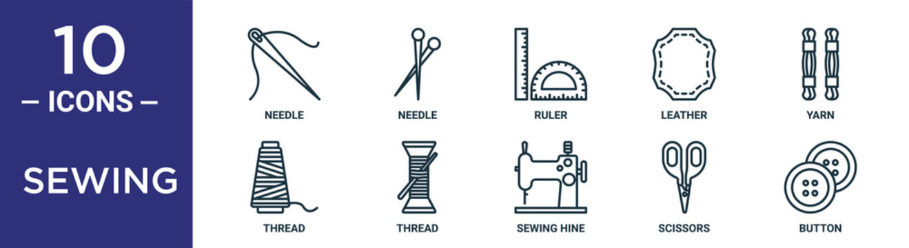 sewing outline icon set includes thin line needle, ruler, yarn, thread, scissors, button, thread icons for report, presentation, diagram, web design