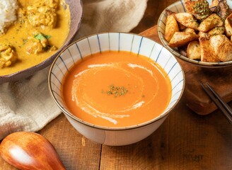 Traditional pumpkin soup in white bowl with some food on wooden table chinese soup top view