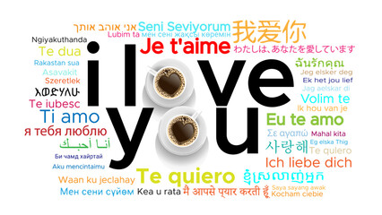coffe romantic concept vector image. world languages "i love you"	