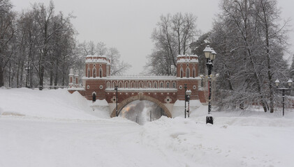 view of the curly stone bridge in the park