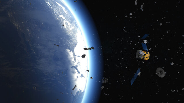 Space debris from defective satellite due to orbital collisions and small parts from space flights fly in orbit of the earth - 3d illustration