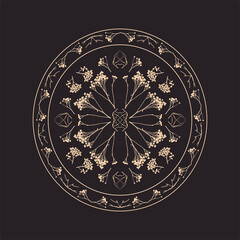 Geometric symmetrical ornament with herbarium elements. Vector illustration