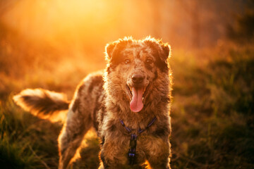 dog in the grass at sunset time