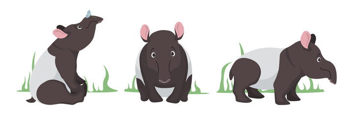 Vector illustration cute and beautiful tapirs on white background. Charming character in different poses sitting with a flower on the head. Side view in cartoon style.