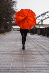 Girl with a bright red umbrella on the city embankment (1228)