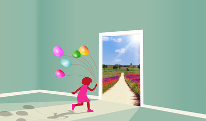 Light and shadow. Exit Door to a poppies landscape and clouds sky. Girl with balloons. Door to new...
