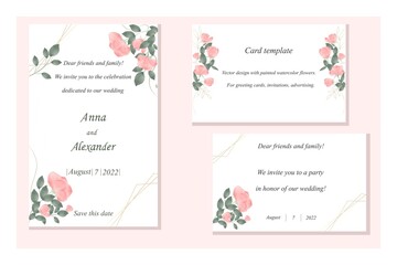 A set of postcard templates for wedding invitations, party invitations, menus, greetings. Greeting card template for a celebration with roses and greenery in a rustic style on a white background