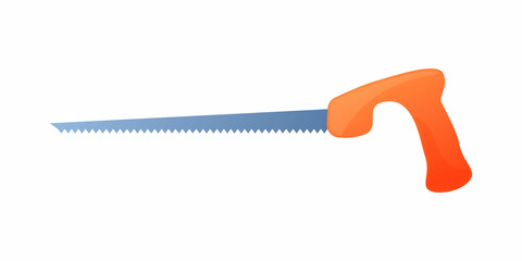 Vector illustration hacksaw with orange handle isolated on white background. Carpenter or repairmen handsaw vector icon in flat cartoon style. Construction tool. Saw for cutting metal and tree.