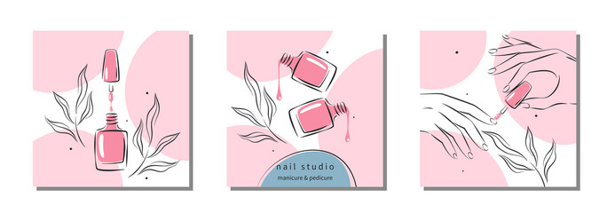 Set of design for nail studio for social media posts and stories, mobile apps. Nail polish, nail brush, manicured female hands. Vector illustrations - obrazy, fototapety, plakaty