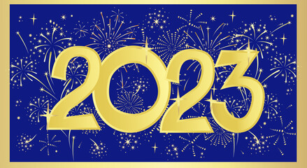  Vector New Year banner on a blue background with festive fireworks. Golden 2023.