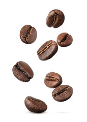 Many roasted coffee beans flying on white background