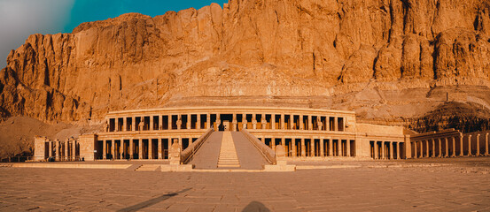 Close panorama wide view of the amazing hatshepsut temple near luxor, egypt. Amazingly old temple...