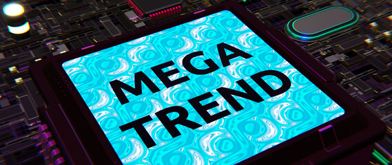 Konzept: Begriffserklärung MEGA - Computerbauteile mit Text - 3D digital Rendering - obrazy, fototapety, plakaty
