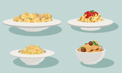 Set of delicious italian pasta on blue background. Vector cartoon illustration fragrant pasta with different fillings.