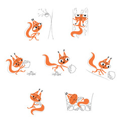 Squirrel story. Comic story with 7 pictures in cartoon style, isolated on white background . Vector illustration for children's prints