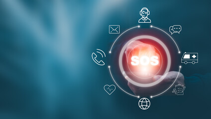 Man using Smart Phone with Emergency app in home, call phone, Chat message icon, Emergency application from smartphone for elderly, technology concept.Old hand touch mobile phone and call for help.