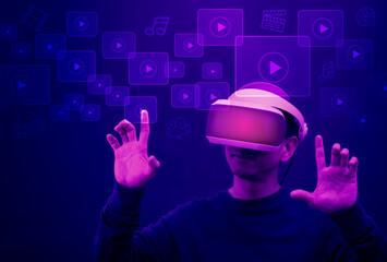 Man wearing VR glasses virtual touch Social networking service and Streaming video and music. Futuristic touch screen display with streaming image, communication network media online, technology