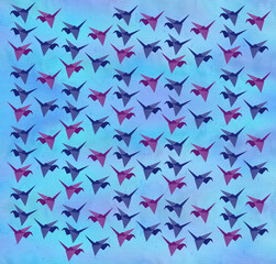 Naklejka na ściany i meble One hundred origami cranes against the sky. Watercolor on paper texture.