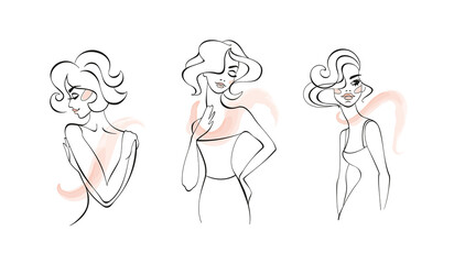 Beautiful woman, face outline,   Cute girly wallpaper. Vector. 