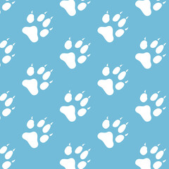 Dog Paw Pattern on blue background. Flat design paw print icon vector illustration. Animal paw