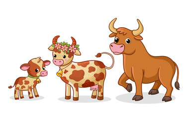 Family of cows with a calf. Vector illustration with farm animals in cartoon style. - 487859313