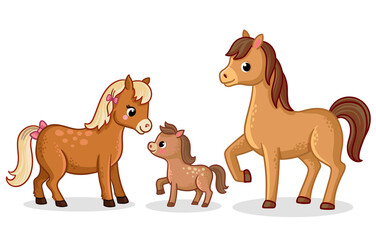 Family of horses stands. Vector illustration with horses and foal in cartoon style. - 487859331