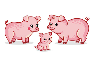A family of pigs stands. Vector illustration with pigs in cartoon style. - 487859371
