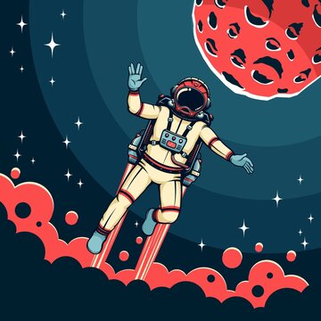Atronaut flies with jetpack in space near the red planet with craters. Retro astronaut and Mars planet - vintage poster. Vector image.