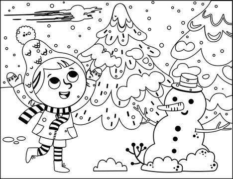Little girl having fun with a snowman in the snow in winter clothes. Coloring page vector illustration.