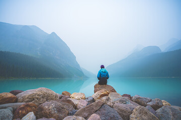 Lake Louise covered in fog