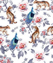Graceful beautiful watercolor pattern Asian ornament with wild animals tiger, peacock and peony flower on white color background.3