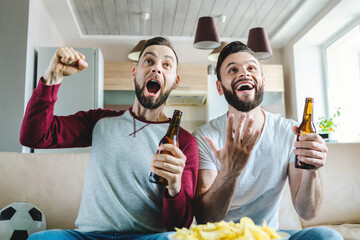 Two euphoric buddies showing sincere happiness of their favourite team victory while sitting on...
