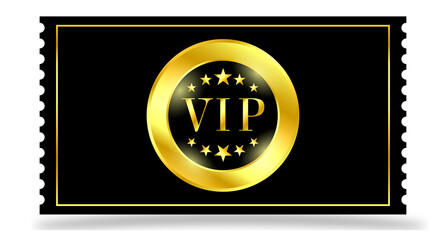 Golden vector vip ticket. Realistic 3d design on white background. Concert, cinema, movie, party, event, dance, festival premium collection