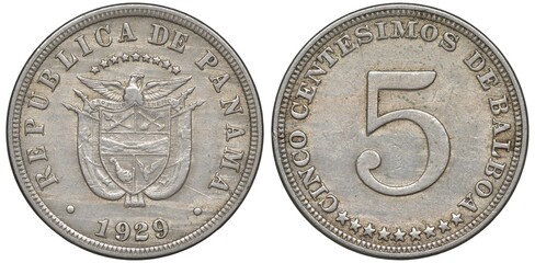 Panama Panamanian coin 5 five centesimos 1929, arms, shield with designs in front of crossed flags, birds with ribbon above, stars below denomination,